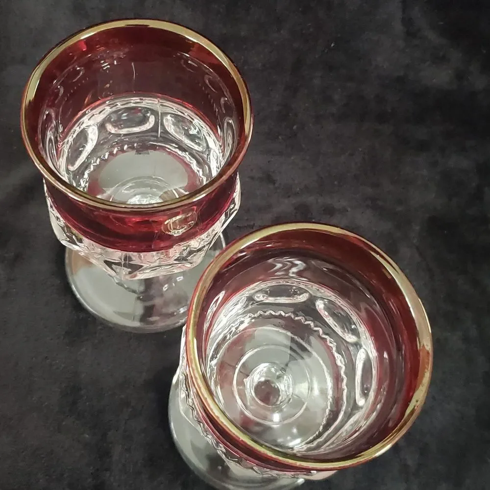 Vintage Set of 2 Small Kings Crown Ruby Red Wine Goblets
